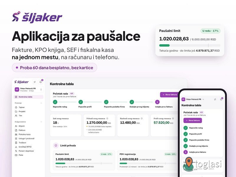 Šljaker - aplikacija za paušalce: fakture, KPO, SEF i fiskalna kasa